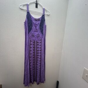 Boho Festival Indie Tank Sun Dress SZ M Purple Floral Embroidered India Midi